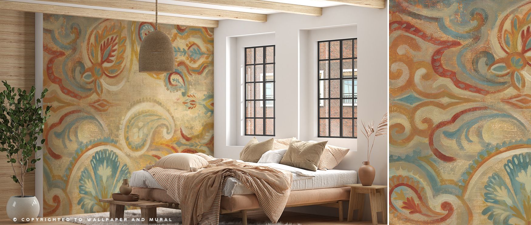 Paisley detail creates rhythm across surfaces, offering serenity for bedrooms, charm for living rooms, and elegance for dining areas, blending classic artistry with modern timeless appeal. 