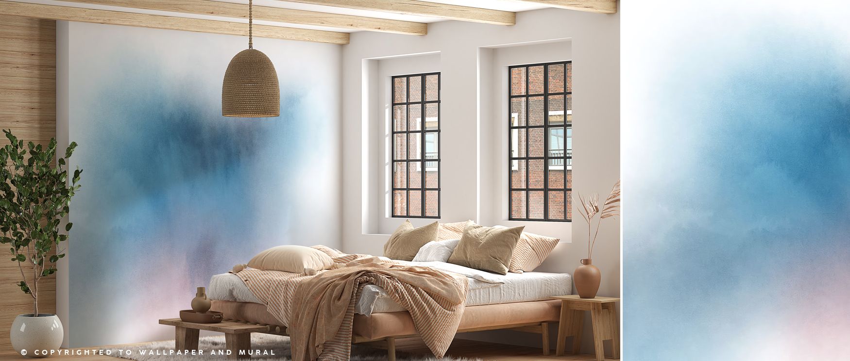 Fluid transitions of tone define the wallpaper, transforming bedrooms into restful sanctuaries, living rooms into modern escapes, and offices into creative spaces filled with elegance. 