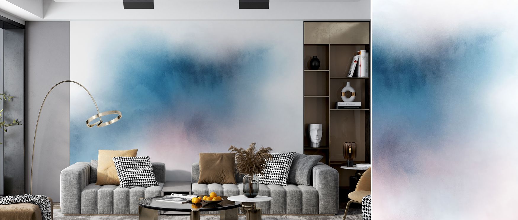 Watercolor patterns spread across walls in soft transitions, turning bedrooms into restful retreats, living rooms into stylish escapes, and offices into creative environments filled with calm and vibrancy. 