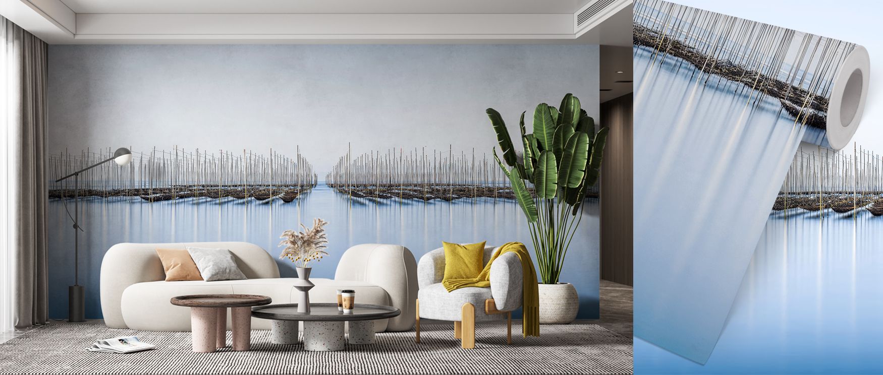 Coastal Ariake Sea mural wallpaper showcasing tranquil waters, perfect for bedrooms or dining areas, creating soothing interiors enriched with serene natural decorative charm and timeless seascape beauty. 