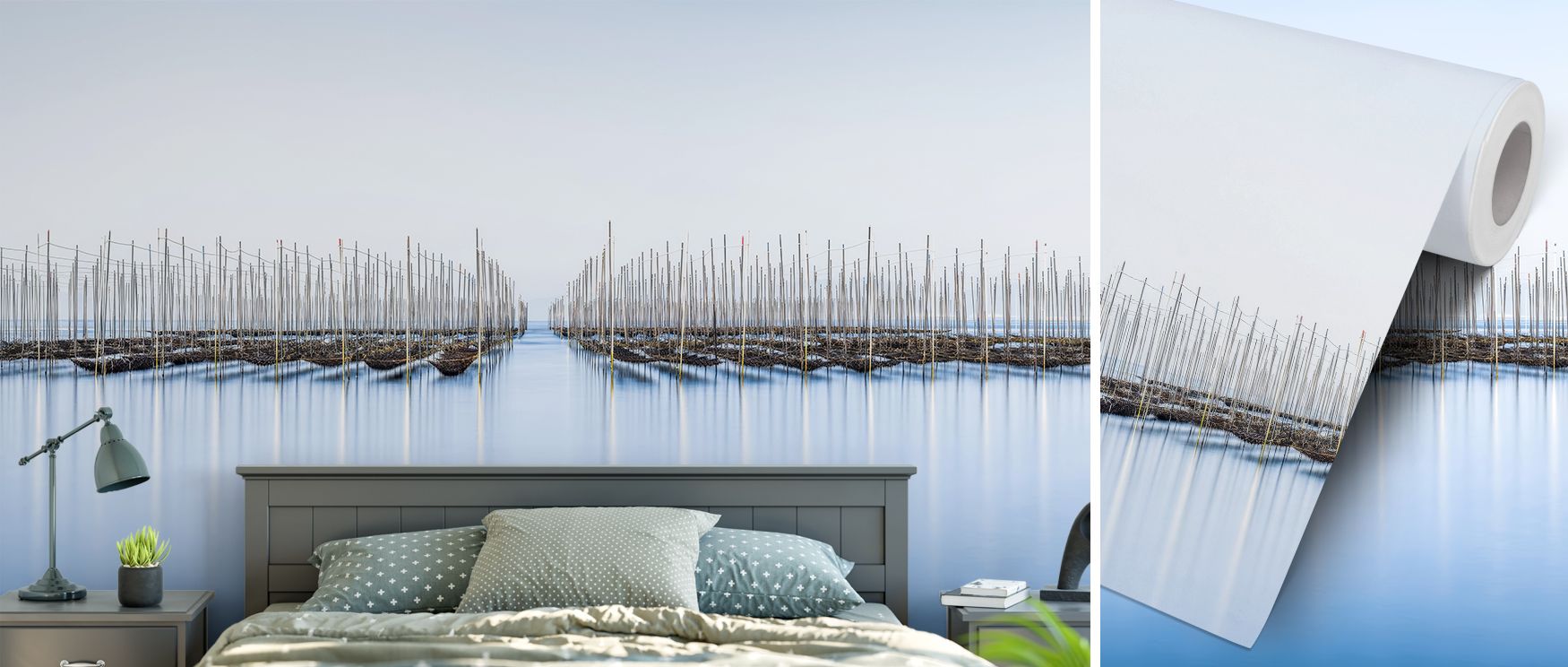 Scenic Ariake Sea wallpaper mural enriched with soft coastal imagery, ideal for living rooms or lounges, providing decorative features that create calming interiors filled with natural seascape charm and peaceful refreshing tones. 