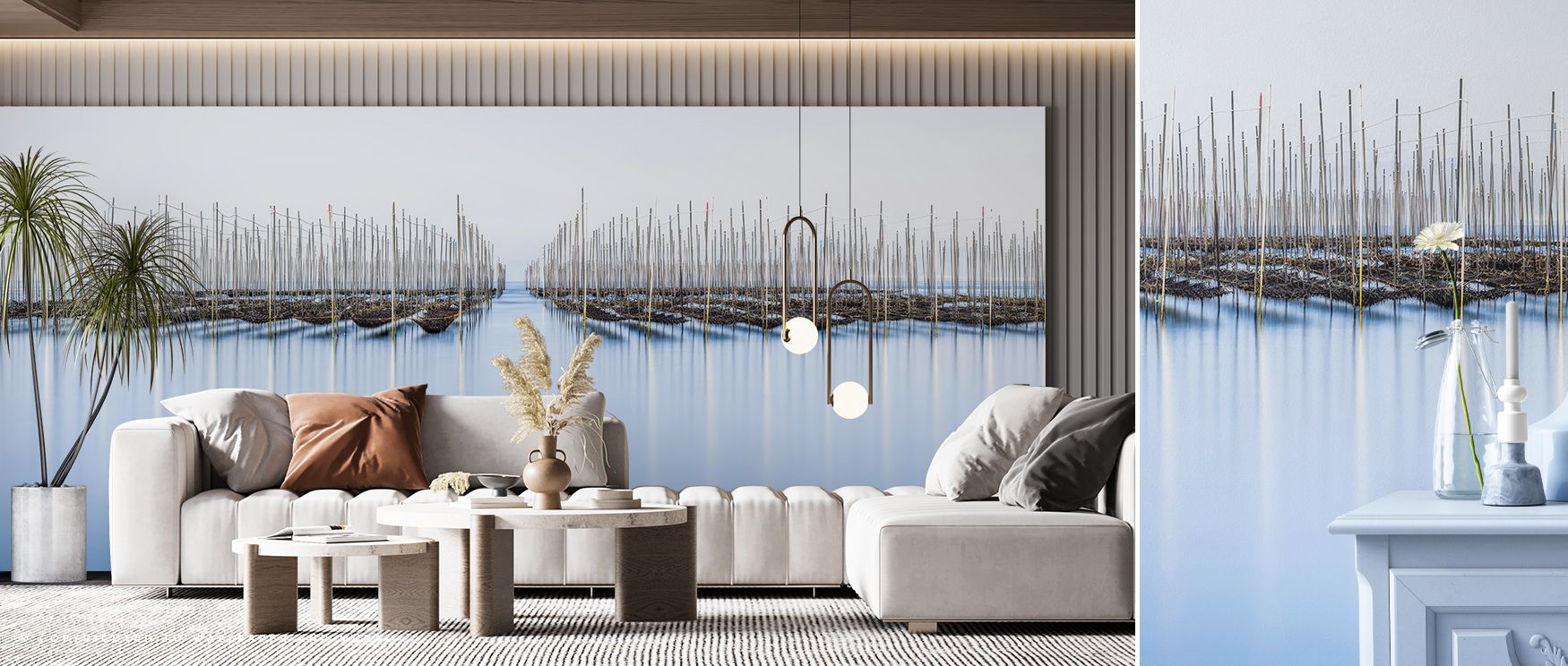 Artistic Ariake Sea scenic wallpaper mural with calm ocean tones, suitable for offices or creative spaces, enhancing interiors with decorative serenity, coastal beauty, and tranquil refreshing atmospheres. 