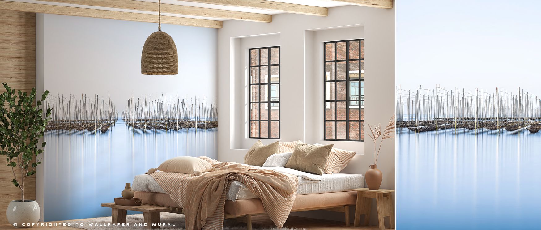 Tranquil Ariake Sea scenic wallpaper mural showcasing soft tones and ocean imagery, ideal for bedrooms or dining spaces, creating interiors filled with coastal decorative accents, serene charm, and peaceful refreshing beauty. 