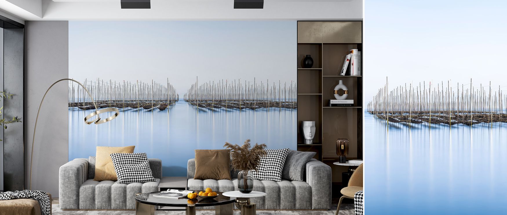 Ariake Sea coastal mural wallpaper featuring tranquil waters and soft tones, perfect for living rooms or bedrooms, creating interiors enriched with calm decorative accents and refreshing serene natural imagery. 