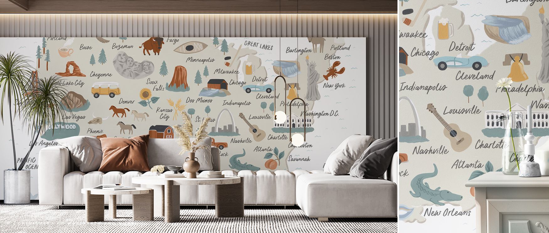 Decorative America map mural wallpaper with detailed cartographic imagery, perfect for bedrooms or creative spaces, offering stylish accents that enrich interiors with sophistication, cultural depth, and educational artistry. 