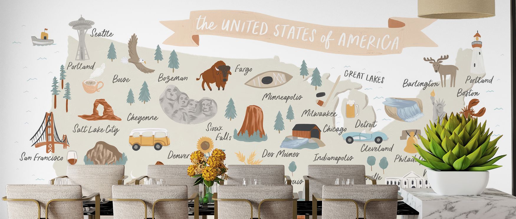 Decorative Around America mural wallpaper with detailed map imagery, perfect for offices or dining areas, offering decorative accents that enrich interiors with sophistication, cultural depth, and stylish educational artistry. 