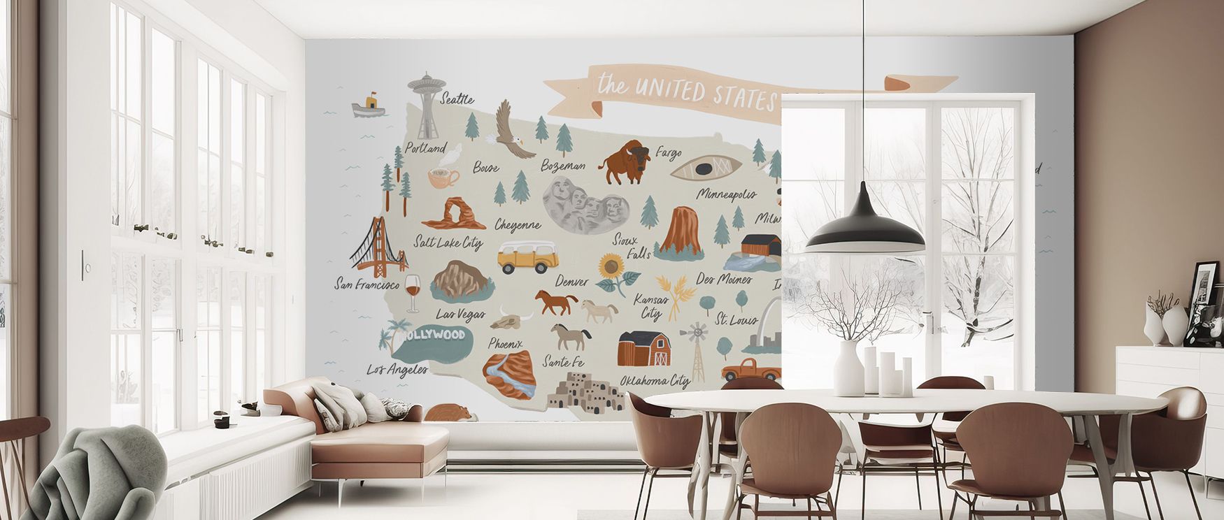America map wallpaper mural enriched with cartographic tones, ideal for bedrooms or study spaces, providing stylish decorative features that enrich interiors with cultural exploration, sophistication, and modern design.
