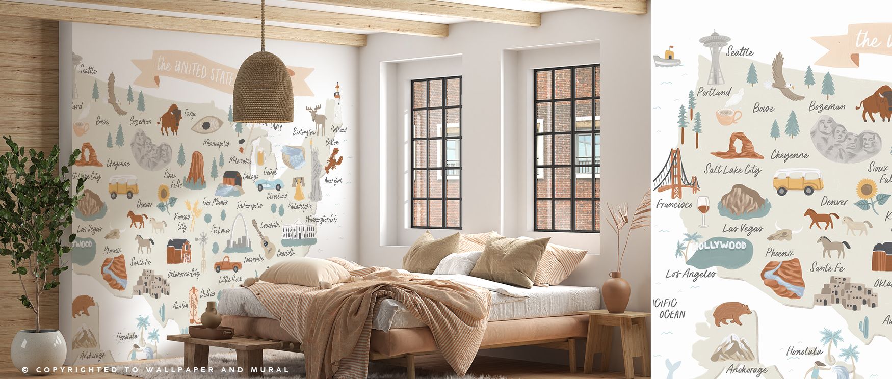 Detailed Around America map wallpaper mural enriched with cartographic design, perfect for bedrooms or study areas, transforming interiors with stylish decorative imagery, cultural charm, and artistic educational expression. 