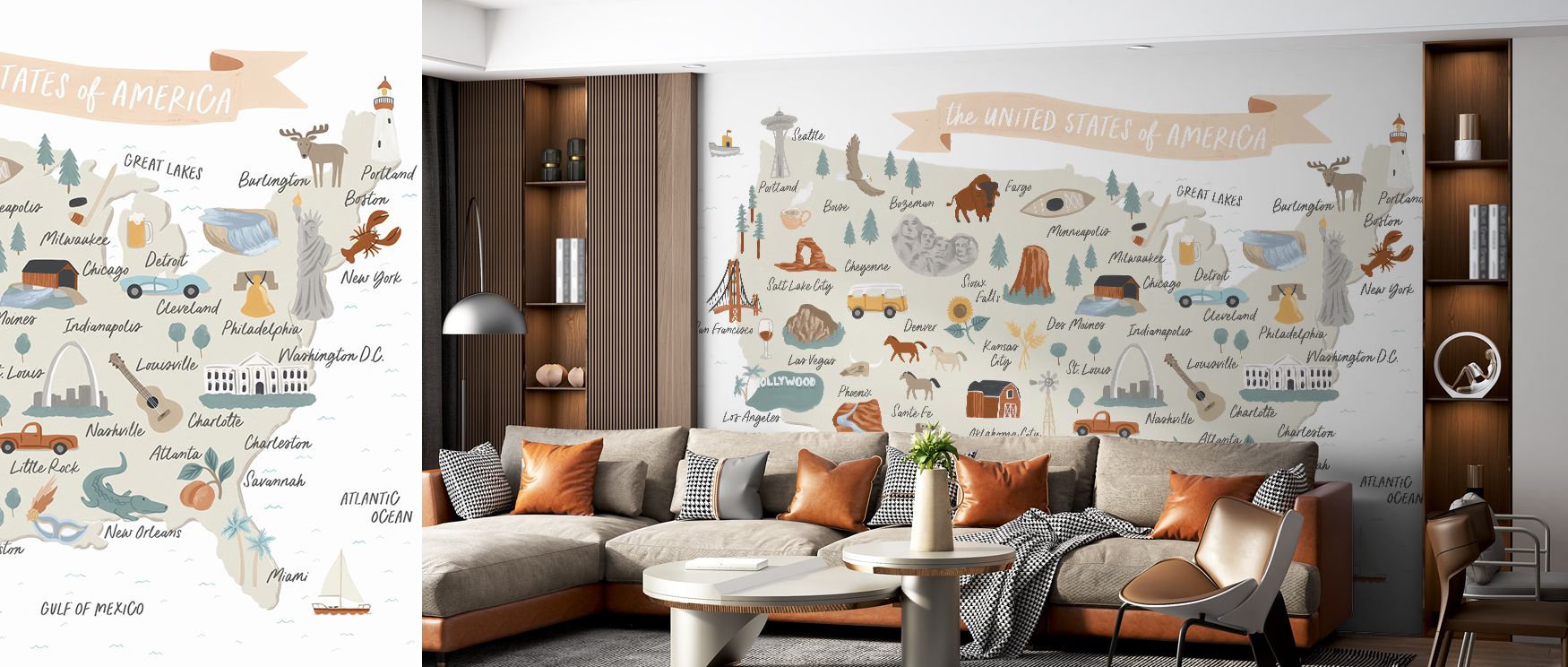 Decorative America map mural wallpaper showcasing refined cartographic artistry, ideal for offices or lounges, providing stylish decorative accents that enrich interiors with cultural charm, exploration, and modern design. 