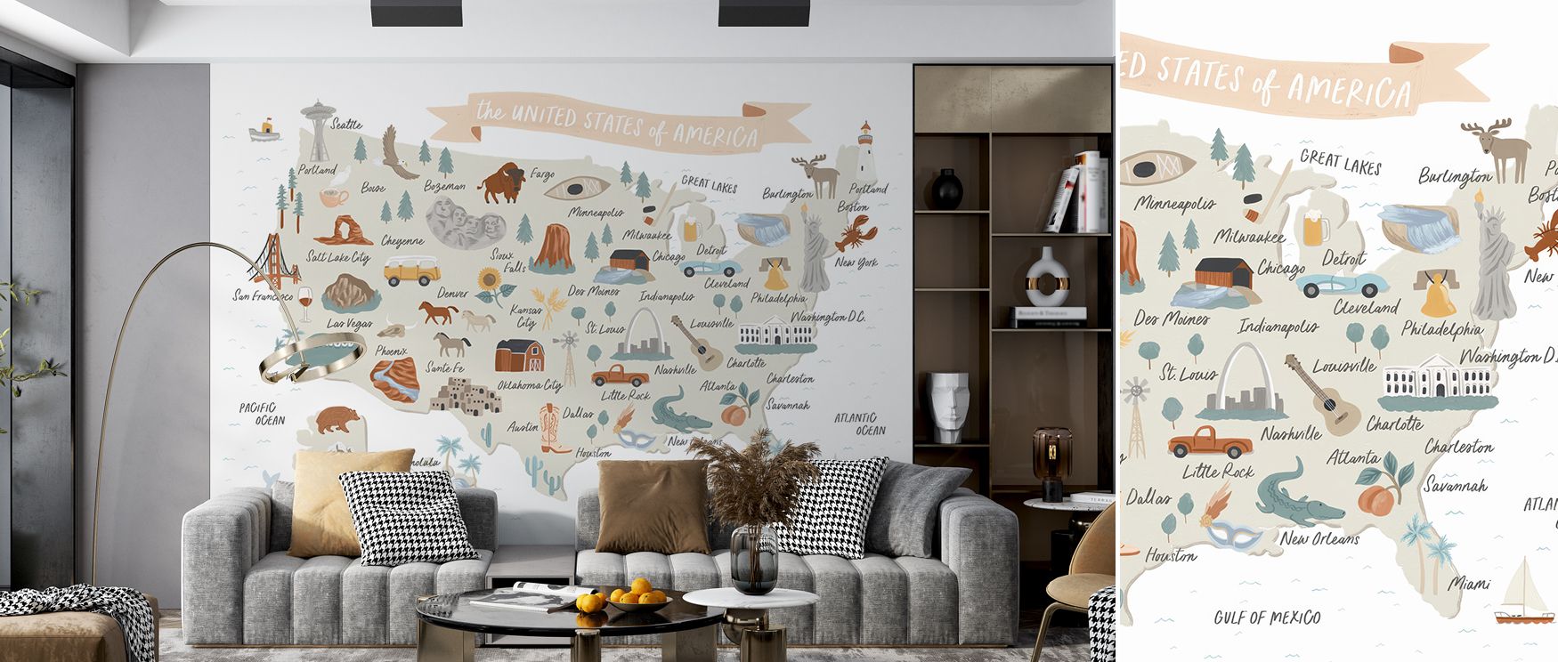 Cartographic America map wallpaper mural filled with detailed artistry, suitable for living rooms or bedrooms, creating interiors enriched with cultural charm, stylish decorative features, and refined educational imagery. 