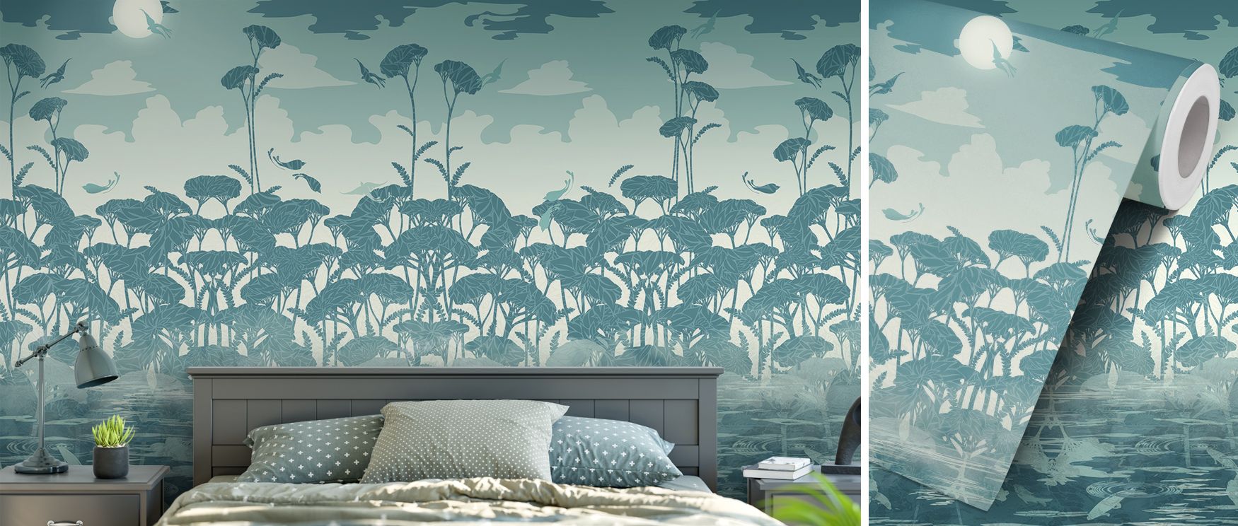 As Above So Below lagoon wallpaper mural with layered abstract tones, suitable for living rooms or dining areas, providing bold decorative accents that enrich interiors with mystical artistry, creative charm, and modern stylish design. 