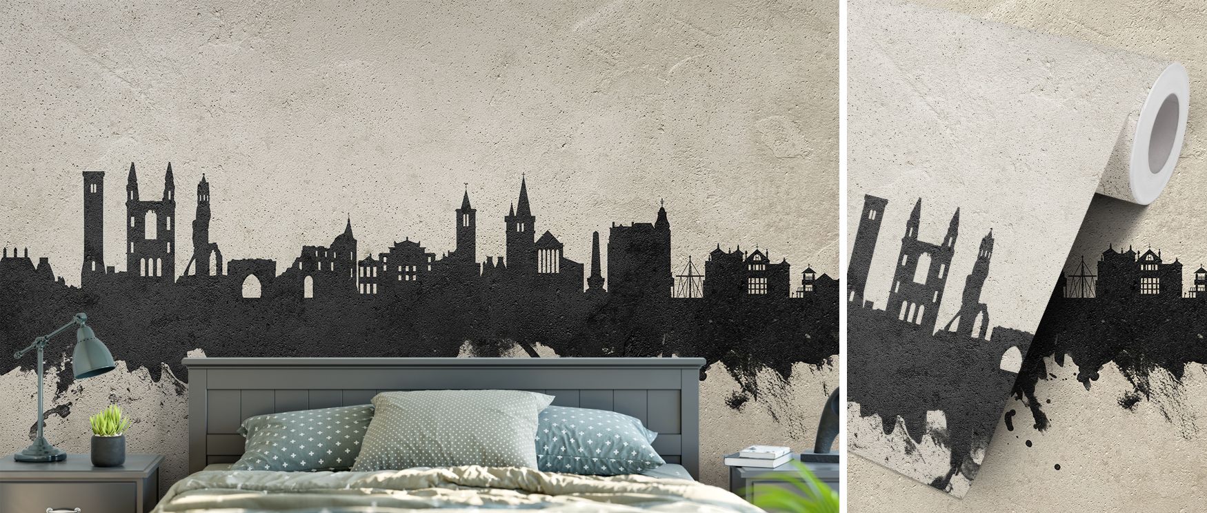 Decorative St Andrews Scotland skyline mural wallpaper with concrete imagery, suitable for bedrooms or study areas, offering stylish decorative accents that enrich interiors with cultural pride, historic charm, and modern elegance. 