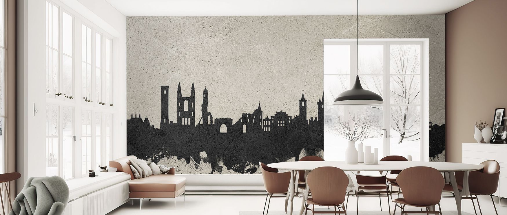 Scotland-inspired St Andrews skyline mural wallpaper enriched with concrete imagery, perfect for bedrooms or lounges, providing decorative accents that create cultural decorative atmospheres filled with heritage and style. 