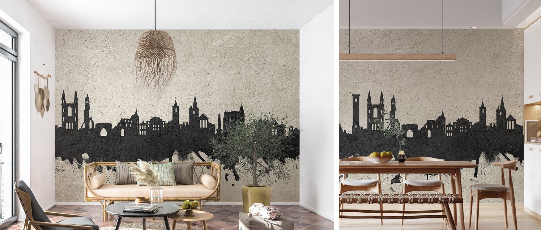 Scotland skyline concrete wallpaper mural featuring St Andrews imagery, suitable for living rooms or bedrooms, providing decorative accents that enrich interiors with Scottish pride, cultural charm, and stylish architectural beauty. 