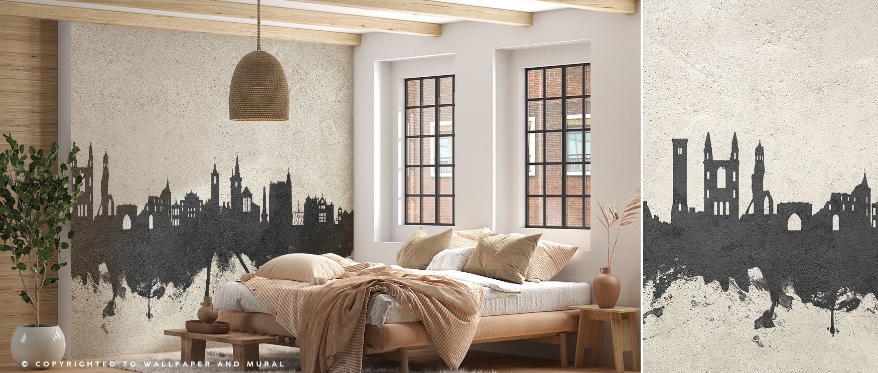 Decorative St Andrews skyline mural wallpaper filled with historic imagery, perfect for offices or creative spaces, offering decorative accents that enrich interiors with cultural sophistication, Scottish pride, and modern stylish charm. 