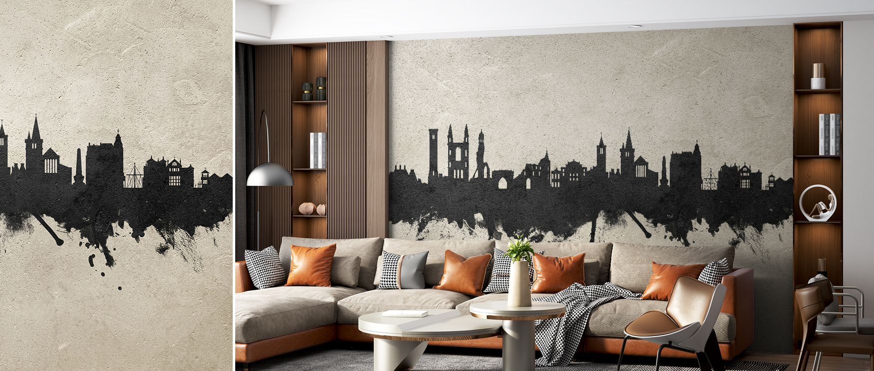 St Andrews Scotland skyline mural wallpaper showcasing architectural detail with concrete tones, ideal for bedrooms or dining areas, providing decorative features that enrich interiors with cultural artistry and historic charm. 