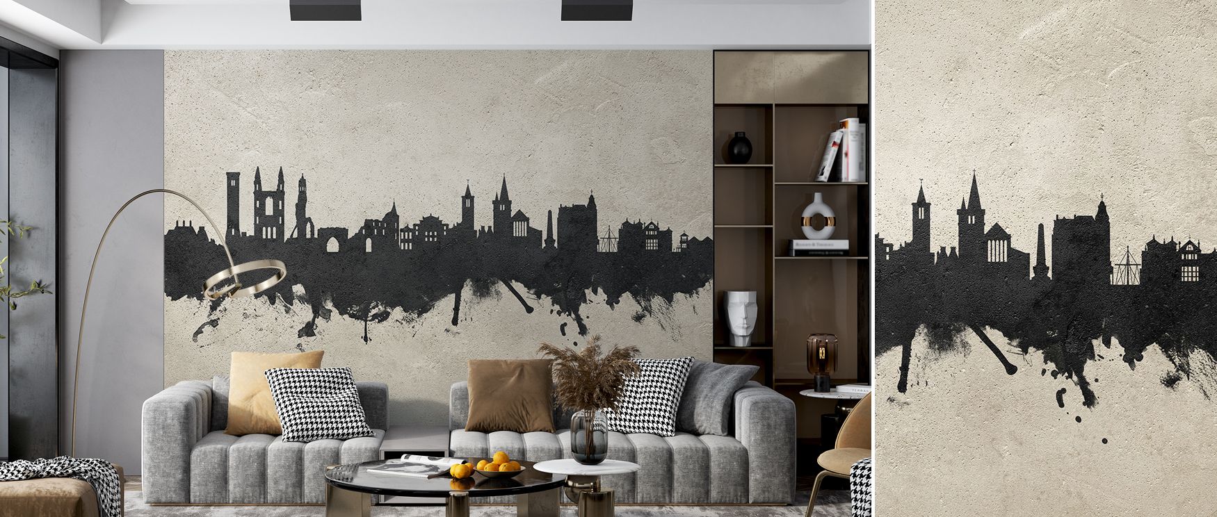 Decorative skyline mural wallpaper featuring St Andrews Scotland in concrete design, suitable for offices or living spaces, enriching interiors with cultural pride, architectural sophistication, and stylish decorative artistry. 