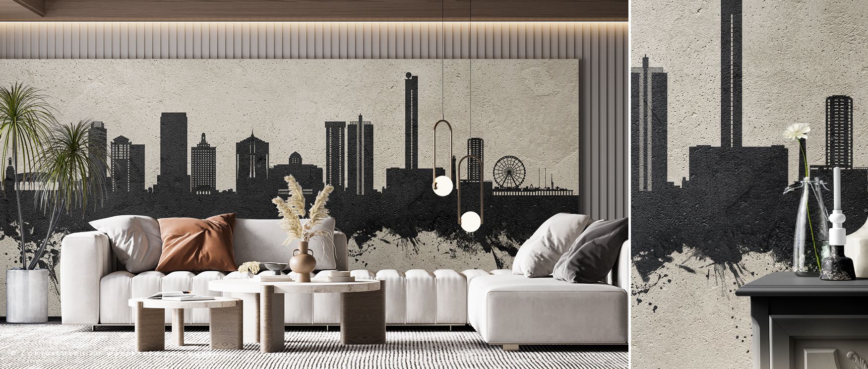 Decorative Atlantic City skyline concrete wallpaper mural showcasing architectural imagery, ideal for living rooms or offices, transforming walls with urban vibrancy, modern style, and cosmopolitan decorative charm. 
