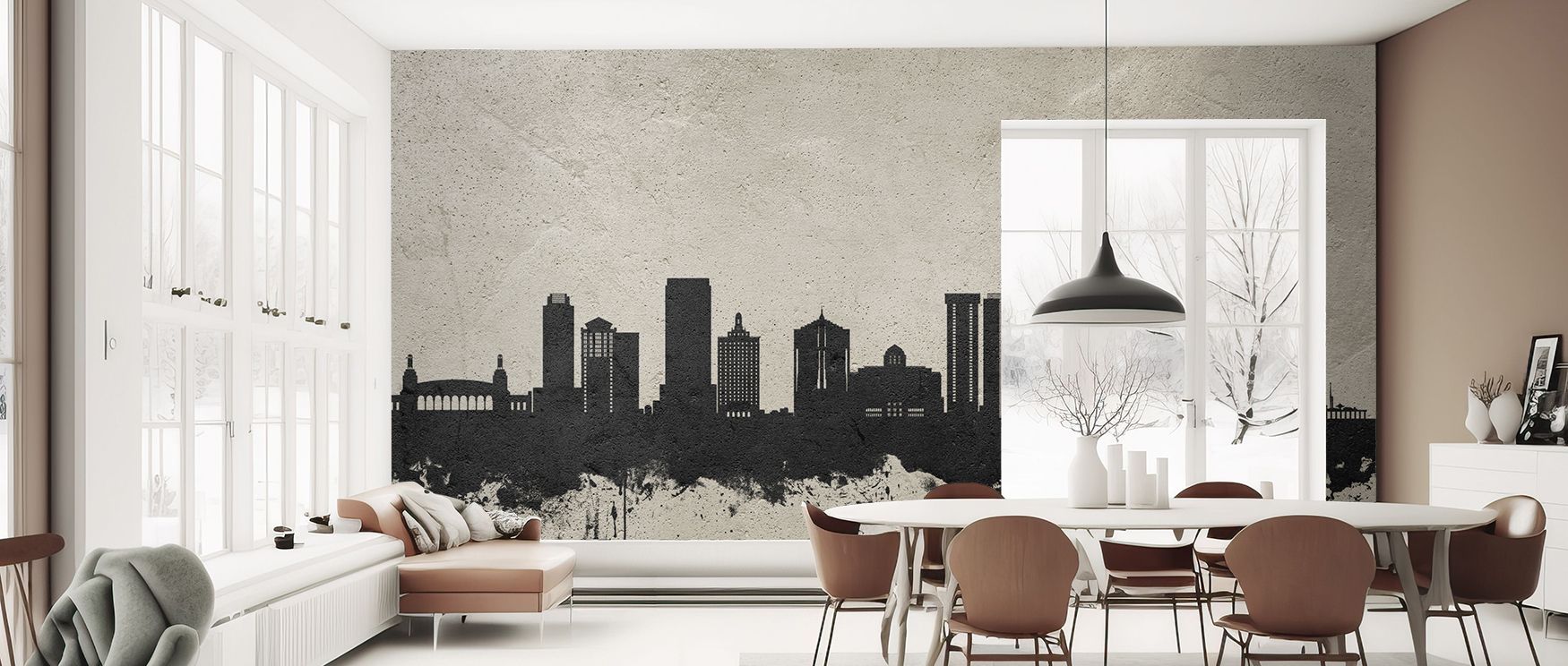 Decorative Atlantic City skyline mural wallpaper with concrete finish, perfect for offices or creative spaces, creating interiors enriched with cosmopolitan decorative charm, urban vibrancy, and stylish modern sophistication. 