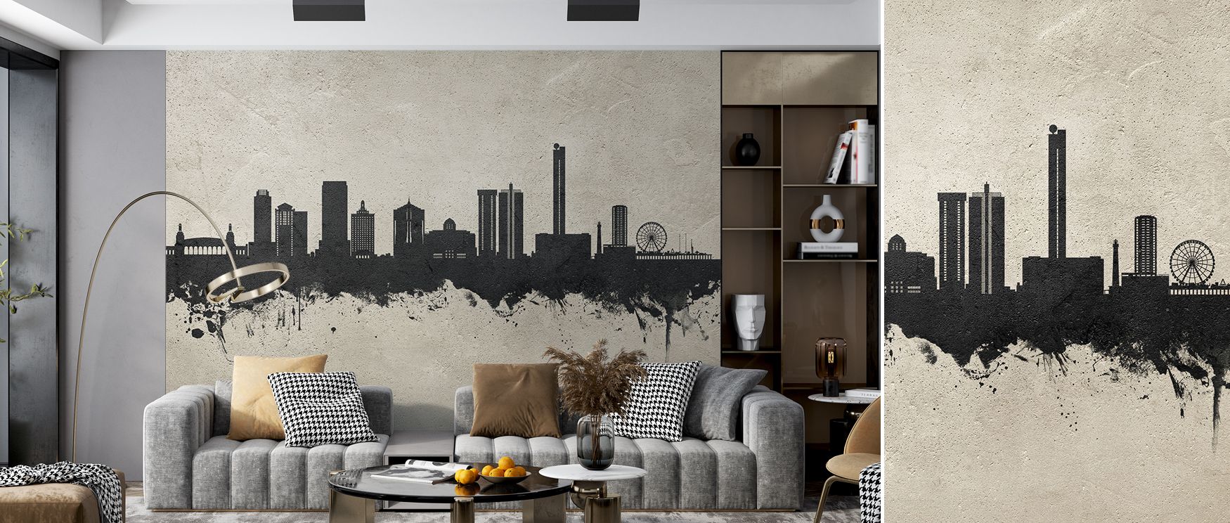 Artistic Atlantic City skyline mural wallpaper enriched with concrete imagery, suitable for bedrooms or living spaces, providing stylish decorative accents that transform interiors with cosmopolitan energy, urban charm, and modern design. 