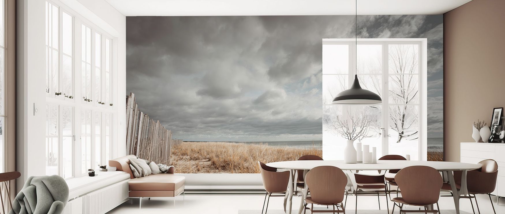 Atlantic Coast scenic mural wallpaper featuring soft seascape tones, perfect for bedrooms or living rooms, creating interiors enriched with seaside decorative accents and refreshing tranquility. 