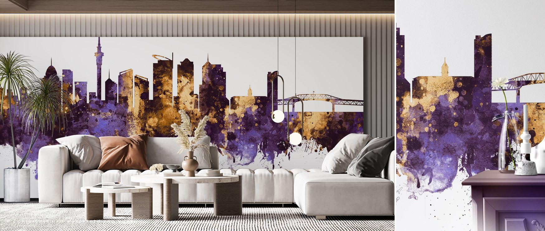 Decorative Auckland skyline wallpaper mural showcasing iconic architecture with bold tones, perfect for living rooms or dining spaces, offering stylish decorative features that enrich interiors with cosmopolitan artistry and cultural charm. 