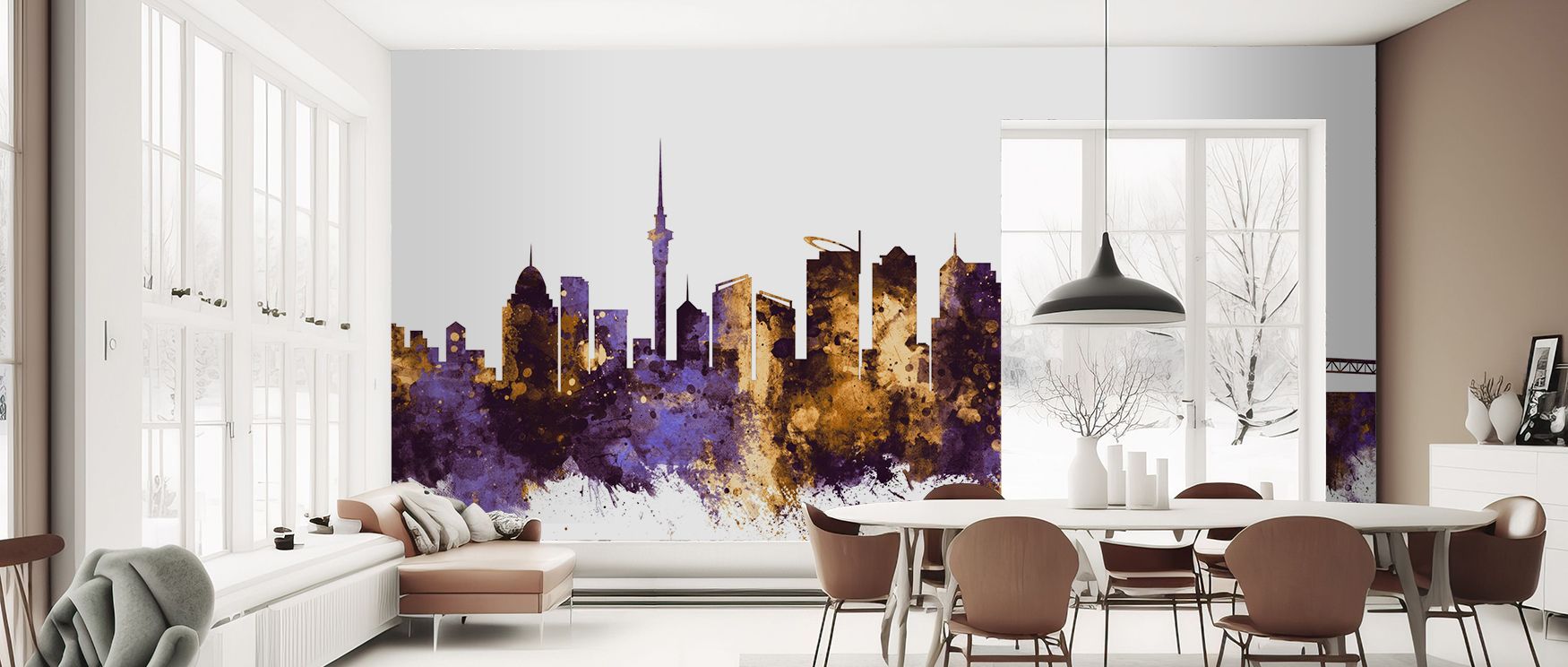 Auckland skyline wallpaper mural enriched with bold purple and shimmering gold tones, perfect for bedrooms or dining spaces, creating interiors enriched with stylish cultural accents and elegant decorative artistry. 