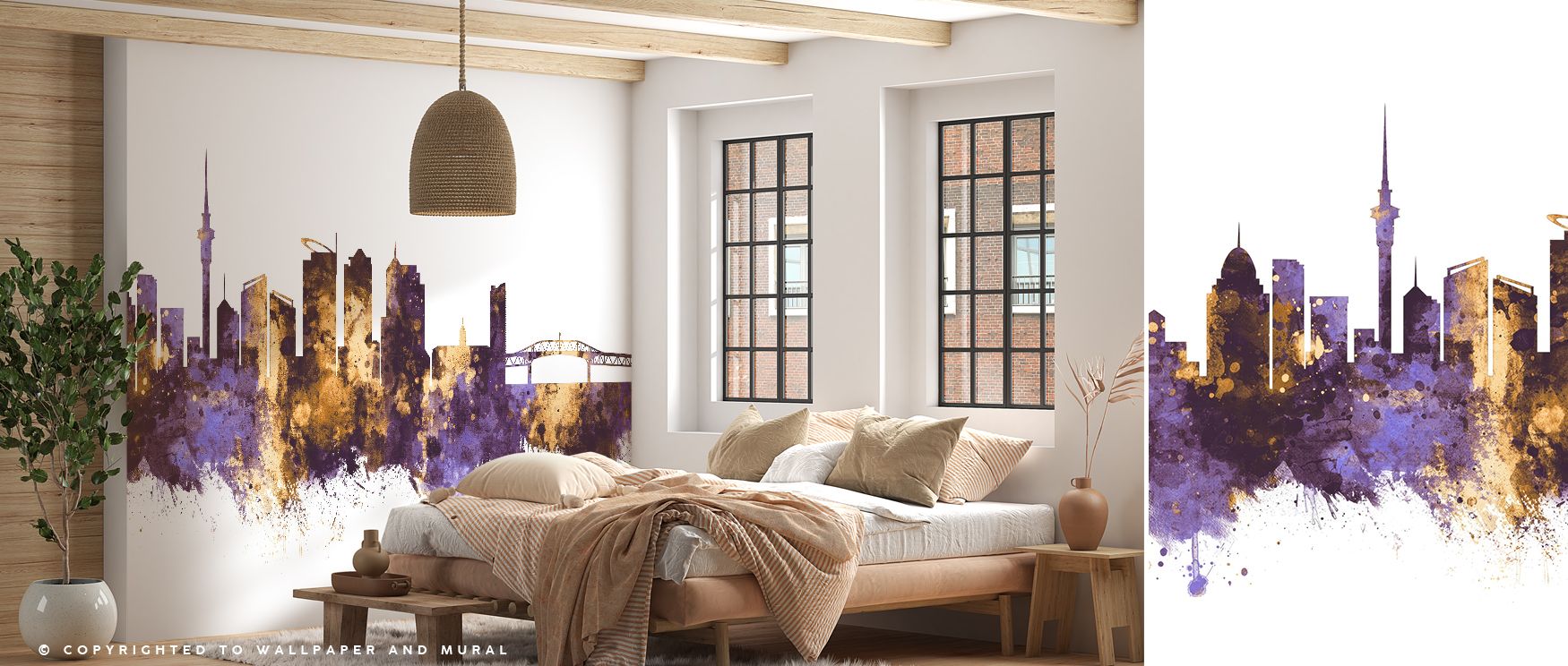 Decorative Auckland skyline wallpaper mural with purple and gold design, perfect for offices or living rooms, creating interiors enriched with cosmopolitan style, cultural charm, and artistic sophistication. 