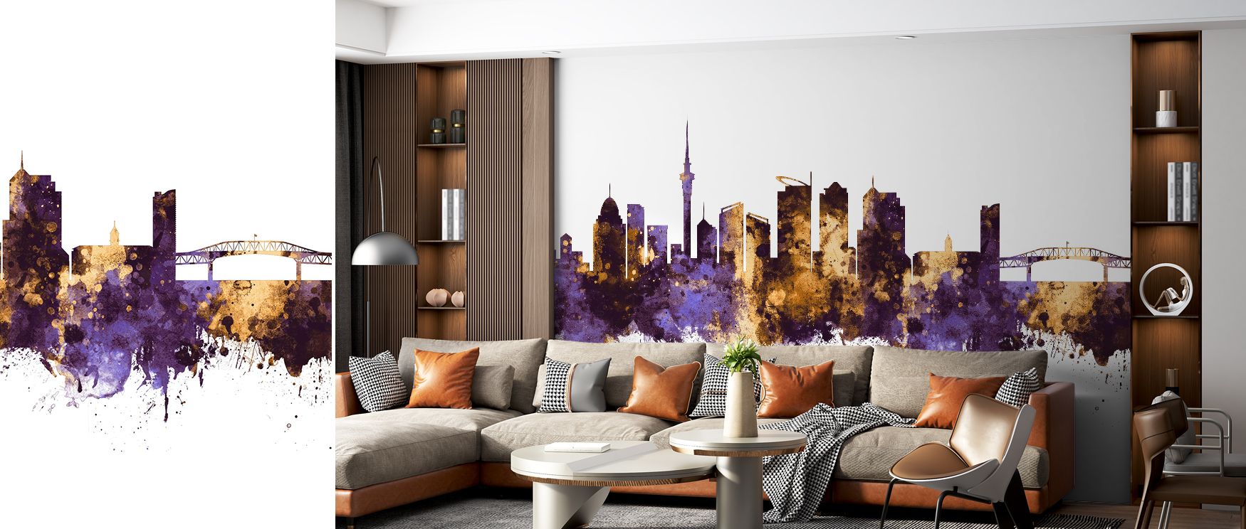 Artistic Auckland skyline mural wallpaper featuring bold purple and gold tones, ideal for bedrooms or lounges, providing decorative accents that enrich interiors with cultural pride, modern elegance, and stylish sophistication. 