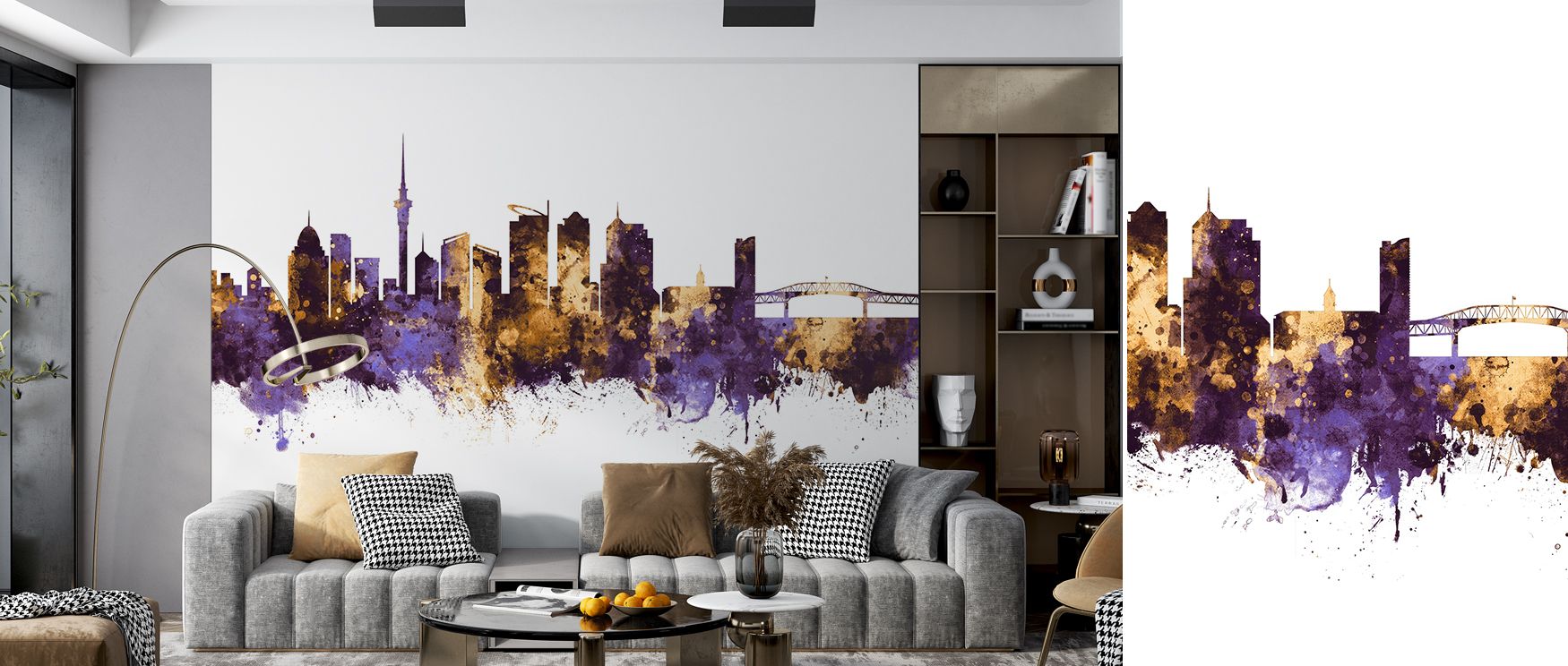 Decorative Auckland skyline mural wallpaper showcasing iconic cityscape, suitable for offices or study areas, offering decorative features that enrich interiors with cultural richness, modern charm, and cosmopolitan artistry. 