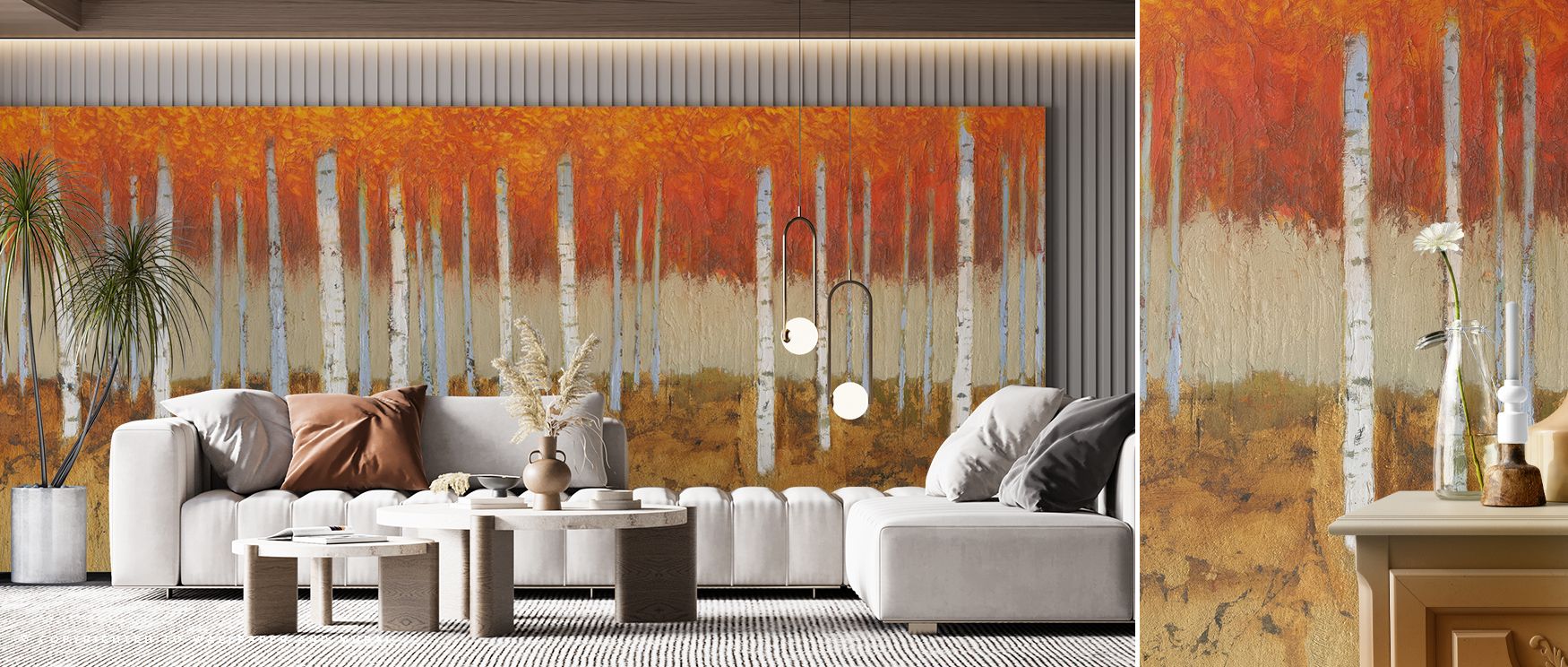 Decorative autumn birches mural wallpaper with seasonal tones, perfect for living rooms or dining areas, providing decorative accents that enrich interiors with autumn charm, tranquil elegance, and seasonal natural beauty. 