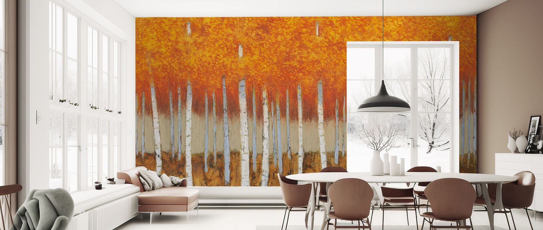 Autumn birches wallpaper mural filled with golden tones, suitable for bedrooms or dining areas, creating interiors enriched with seasonal decorative accents, tranquil autumn charm, and natural beauty. 