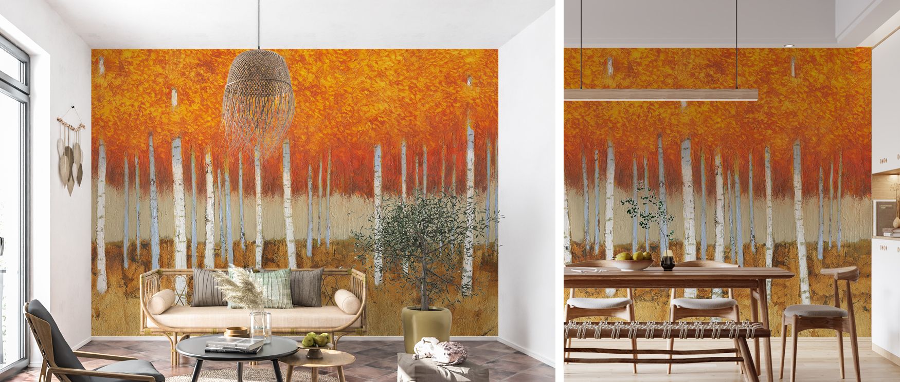 Autumn birches scenic mural wallpaper enriched with golden tones, suitable for offices or bedrooms, providing decorative accents that enrich interiors with calm seasonal charm, autumn elegance, and natural beauty. 