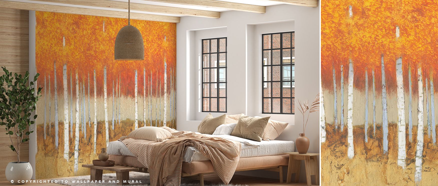 Decorative birches scenic wallpaper mural showcasing autumn tones, perfect for bedrooms or creative spaces, enriching interiors with seasonal decorative accents, natural beauty, and autumn charm. 