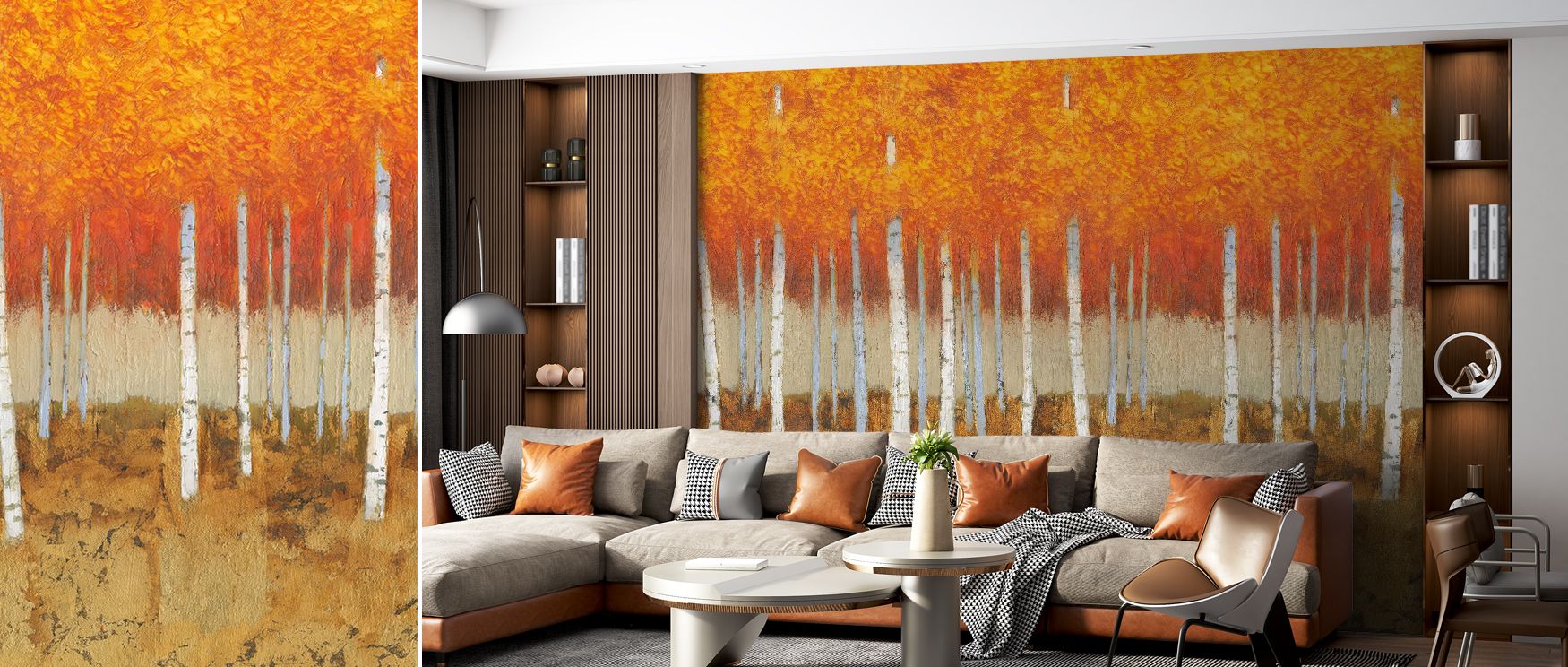 Autumn birches mural wallpaper with golden leaves, suitable for living rooms or lounges, creating interiors enriched with seasonal decorative accents, calm charm, and autumn natural beauty. 