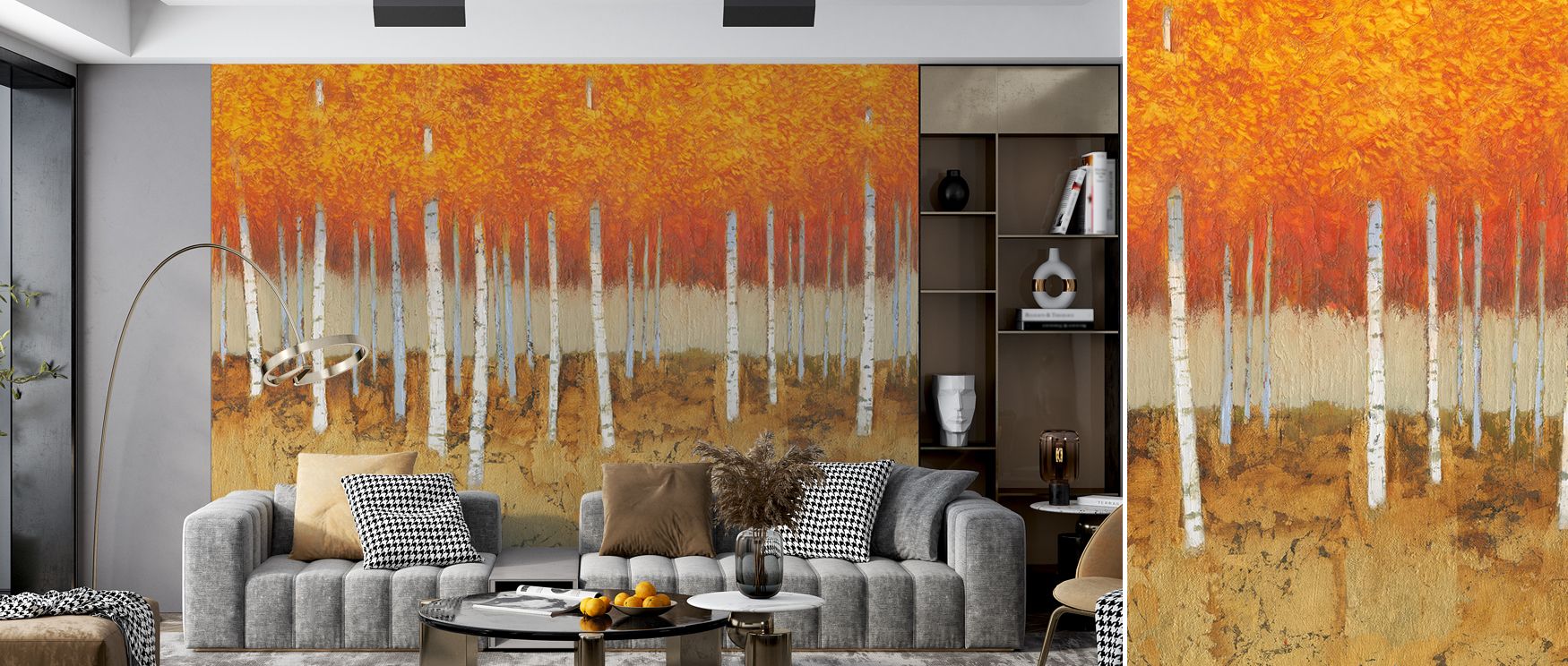 Decorative autumn birches scenic wallpaper mural enriched with golden imagery, perfect for offices or study areas, offering decorative accents that enrich interiors with seasonal charm, autumn elegance, and natural beauty. 