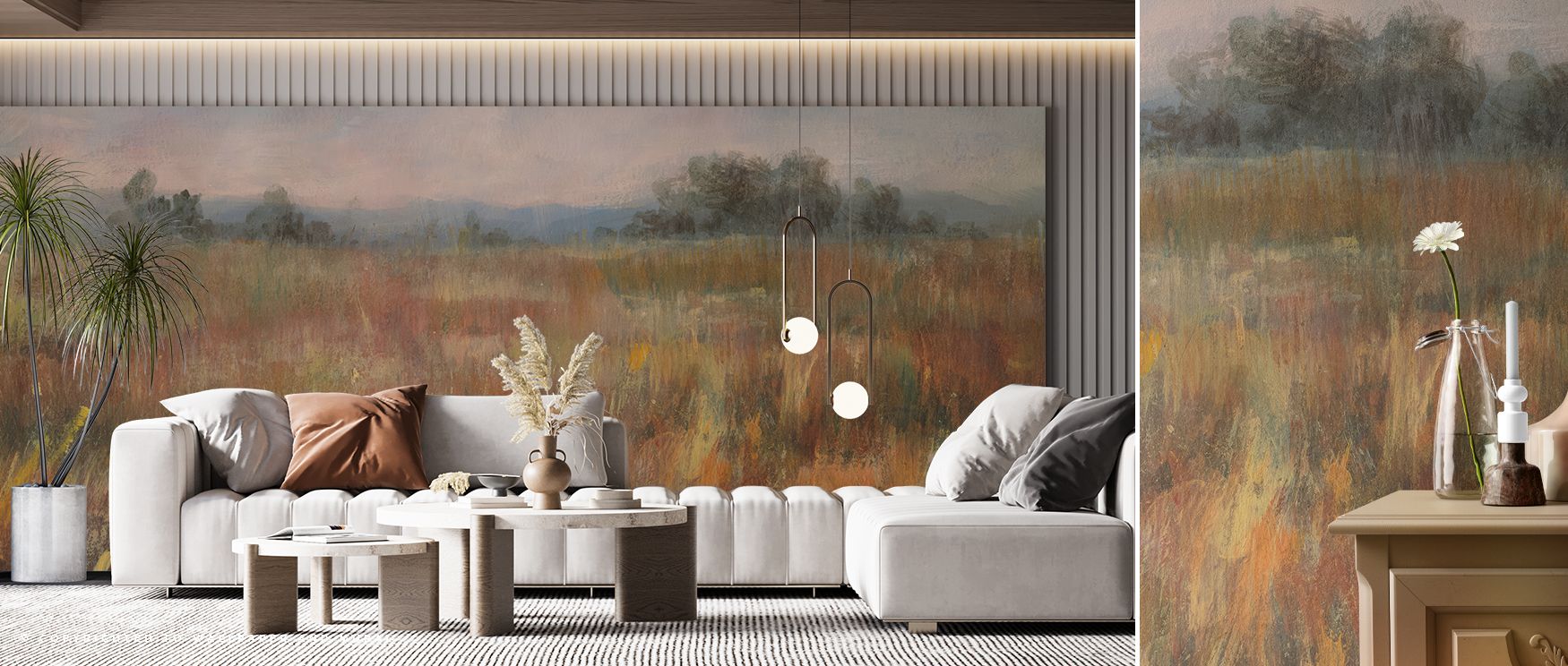 Decorative autumn fields scenic wallpaper mural filled with seasonal imagery, perfect for living rooms or dining areas, offering decorative accents that enrich interiors with autumn charm, golden elegance, and natural calm. 
