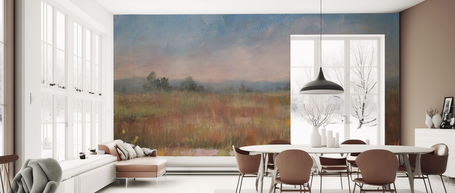 Autumn fields scenic wallpaper mural showcasing countryside imagery, suitable for offices or lounges, providing decorative accents that enrich interiors with calm seasonal charm, countryside elegance, and natural beauty. 