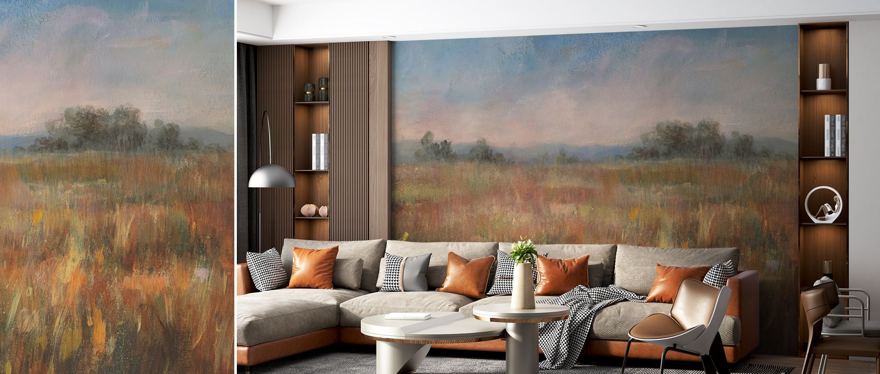 Autumn fields mural wallpaper enriched with golden autumn tones, suitable for living rooms or study areas, offering decorative accents that enrich interiors with calm seasonal charm, countryside elegance, and natural beauty. 