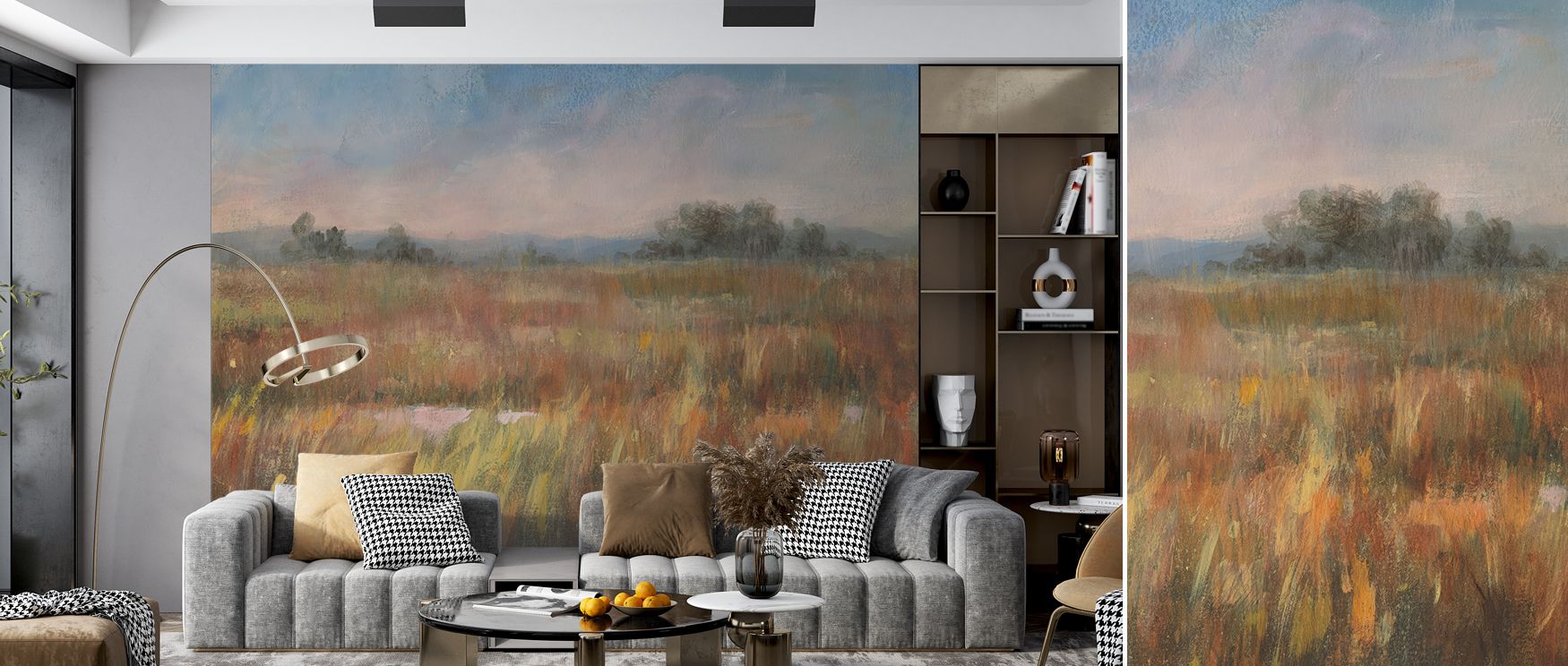 Decorative autumn fields scenic mural wallpaper with golden tones, perfect for bedrooms or dining areas, creating interiors enriched with seasonal charm, countryside calm, and autumn decorative beauty. 