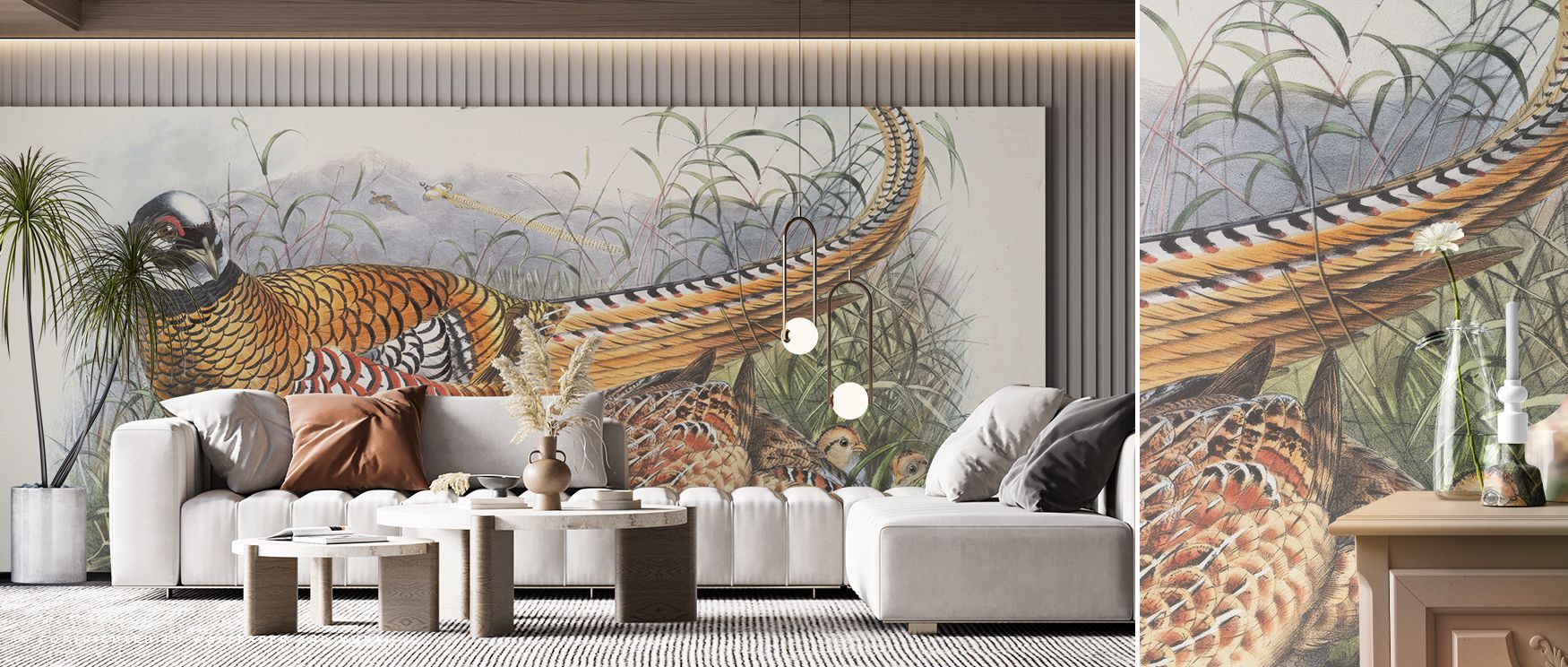 Decorative autumn pheasant mural wallpaper showcasing rustic imagery, perfect for living rooms or dining areas, providing decorative accents that enrich interiors with seasonal charm, cozy elegance, and nostalgic warmth. 