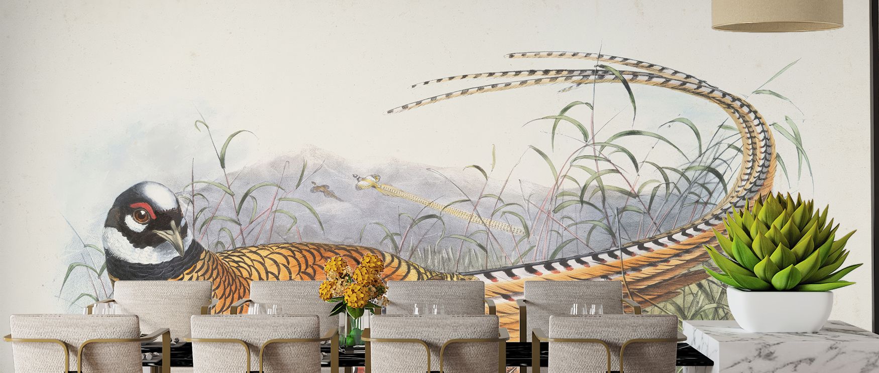 Autumn pheasant scenic wallpaper mural enriched with seasonal tones, suitable for bedrooms or study areas, providing decorative accents that enrich interiors with rustic charm, nostalgic warmth, and autumn decorative beauty. 