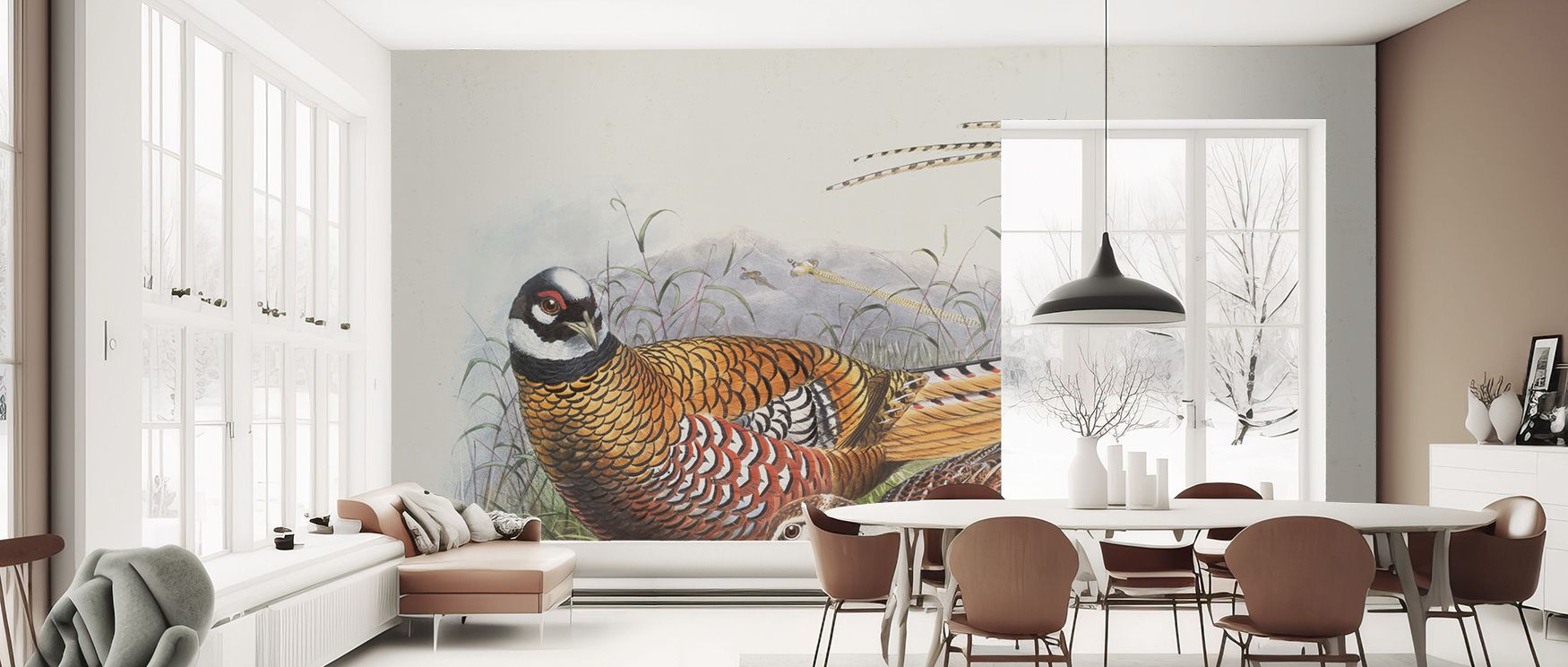 Decorative pheasant autumn scenic wallpaper mural filled with warm tones, ideal for living rooms or lounges, offering decorative accents that enrich interiors with rustic charm, nostalgic seasonal imagery, and cozy beauty.