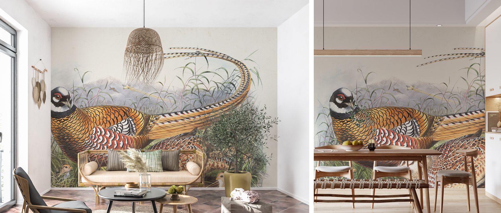 Autumn pheasant wallpaper mural with golden tones, suitable for bedrooms or study areas, providing decorative accents that enrich interiors with rustic seasonal imagery, nostalgic charm, and cozy decorative beauty. 