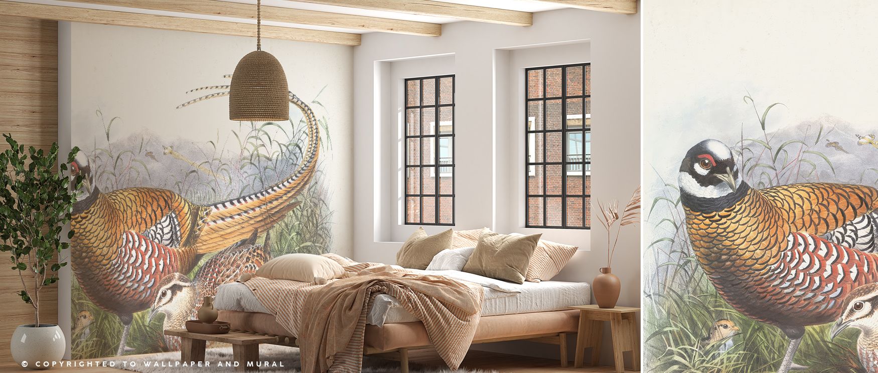 Decorative autumn pheasant scenic mural wallpaper enriched with warm seasonal tones, perfect for hallways or creative spaces, creating interiors enriched with rustic charm, nostalgic warmth, and autumn decorative beauty. 