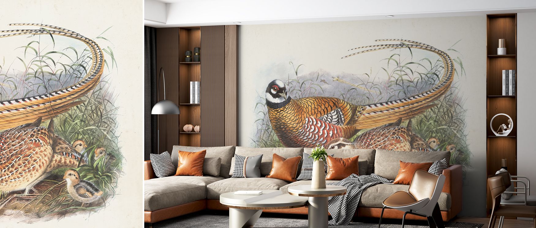 Autumn pheasant mural wallpaper filled with seasonal golden imagery, ideal for bedrooms or lounges, providing decorative accents that enrich interiors with rustic autumn charm, nostalgic beauty, and cozy decorative warmth. 