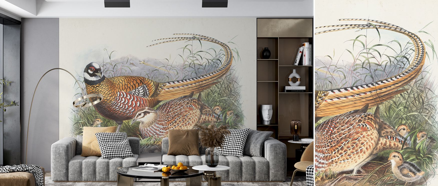 Decorative autumn pheasant scenic wallpaper mural showcasing golden landscapes, perfect for offices or living rooms, creating interiors enriched with rustic seasonal charm, nostalgic beauty, and decorative warmth. 