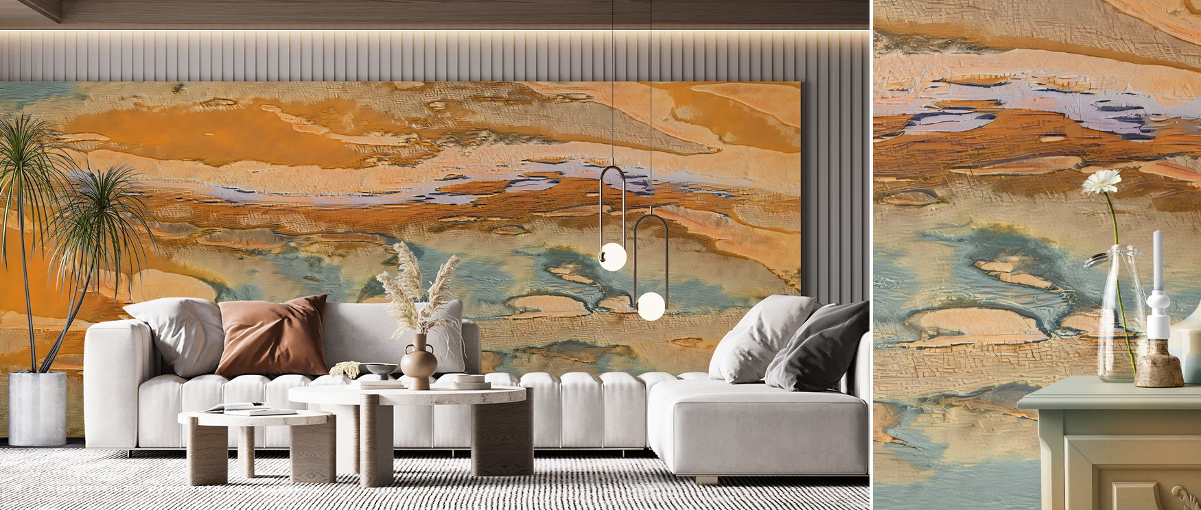 Artistic aware champagne abstract wallpaper mural enriched with soft tones, ideal for bedrooms or lounges, creating interiors filled with decorative accents, artistic elegance, and modern charm. 