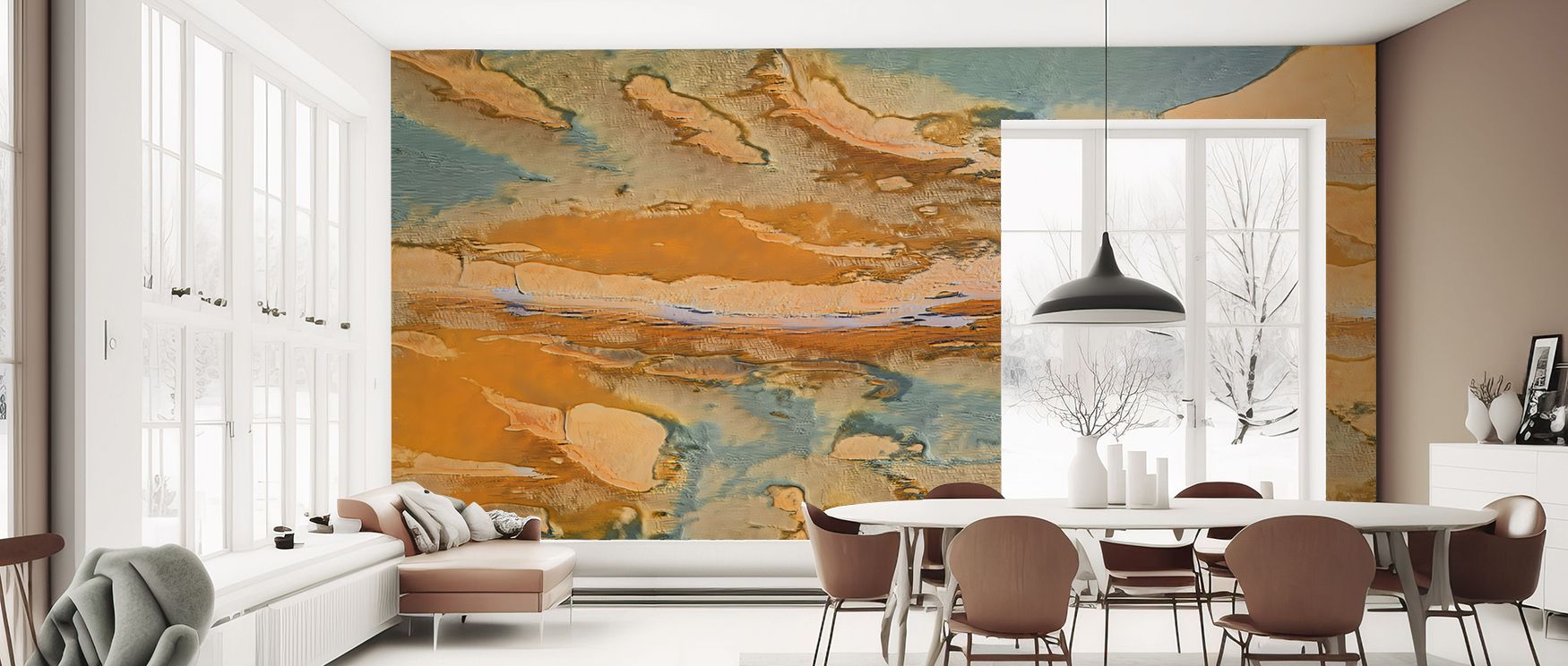 Aware champagne abstract mural wallpaper enriched with refined artistry, perfect for bedrooms or living rooms, creating interiors enriched with soft decorative accents, calm charm, and modern stylish design. 
