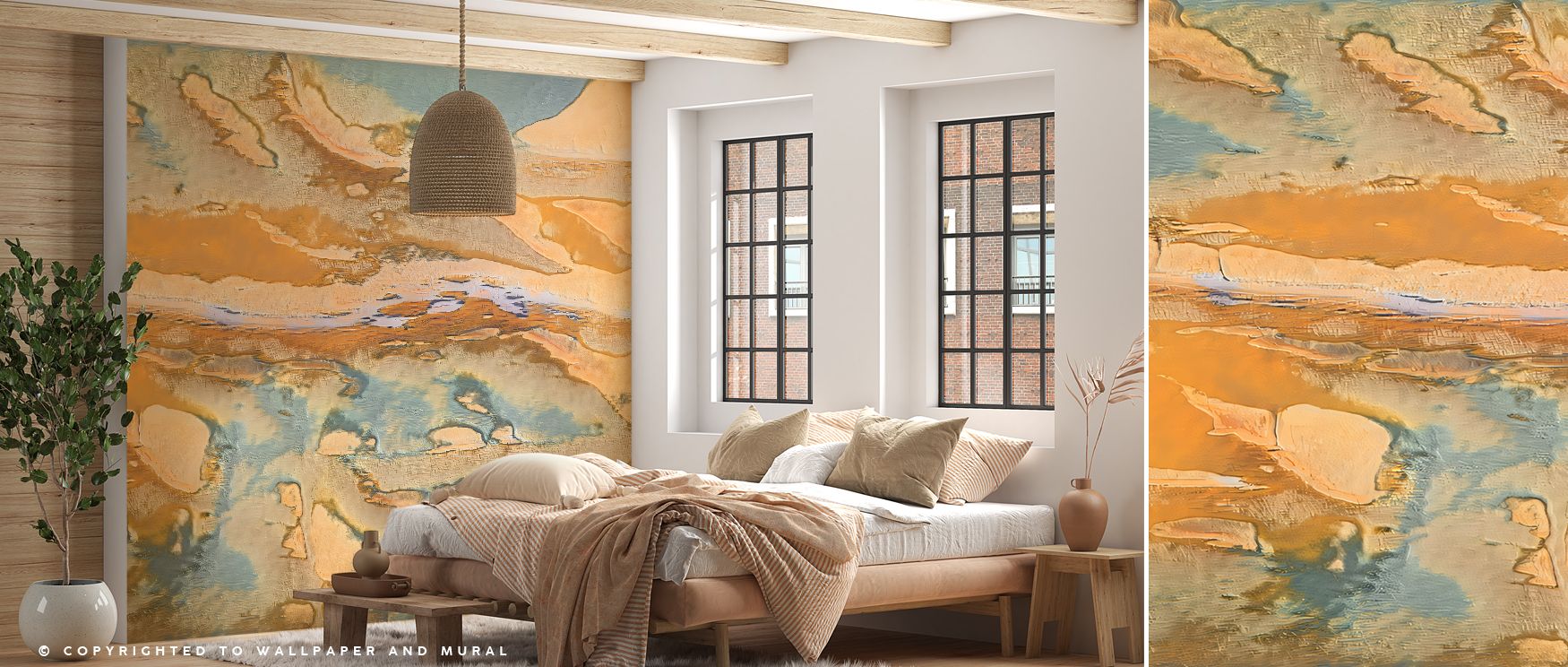Aware champagne abstract mural wallpaper enriched with refined tones, suitable for bedrooms or study areas, providing decorative accents that enrich interiors with artistic elegance, modern charm, and stylish sophistication. 